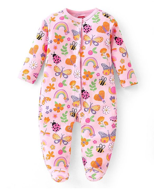 Babyhug Cotton Knit Full Sleeves Sleep Suits With Floral & Butterfly Print Pack Of 2 - Pink & Light Pink