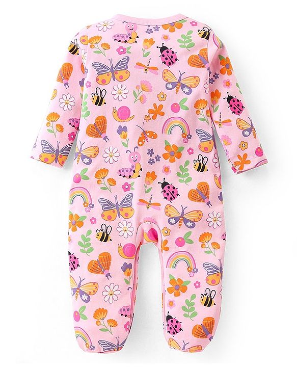 Babyhug Cotton Knit Full Sleeves Sleep Suits With Floral & Butterfly Print Pack Of 2 - Pink & Light Pink