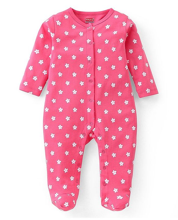 Babyhug Cotton Knit Full Sleeves Sleep Suits With Floral & Butterfly Print Pack Of 2 - Pink & Light Pink