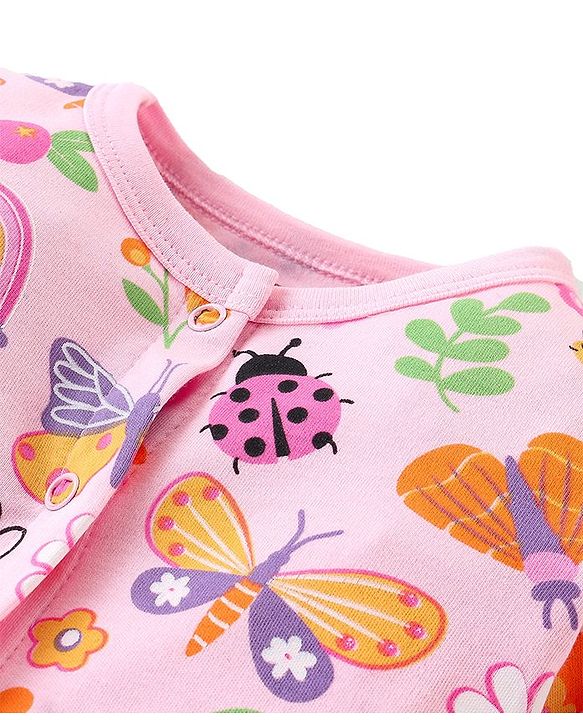 Babyhug Cotton Knit Full Sleeves Sleep Suits With Floral & Butterfly Print Pack Of 2 - Pink & Light Pink