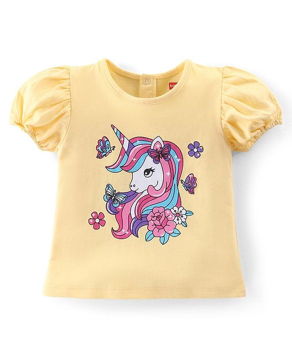 Babyhug Cotton Knit Half Sleeves Top & Denim Skirt Set With Unicorn Print - Yellow