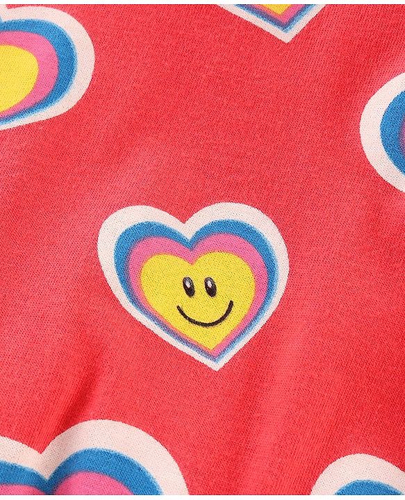 Babyhug Cotton Knit Drop Shoulder Sleeves Top & Denim Skirt Set With Hearts Print - Red & Blue