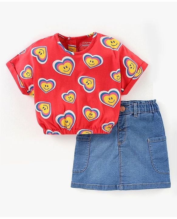 Babyhug Cotton Knit Drop Shoulder Sleeves Top & Denim Skirt Set With Hearts Print - Red & Blue