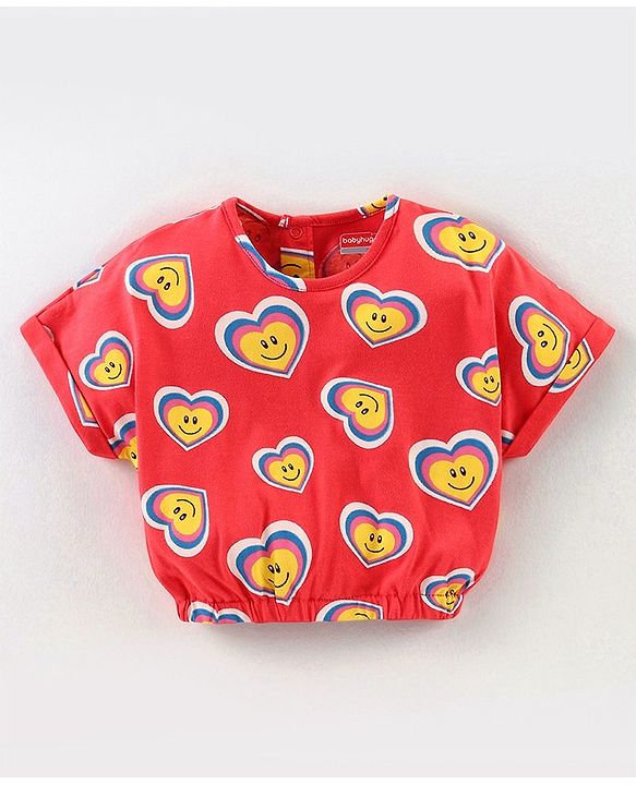 Babyhug Cotton Knit Drop Shoulder Sleeves Top & Denim Skirt Set With Hearts Print - Red & Blue
