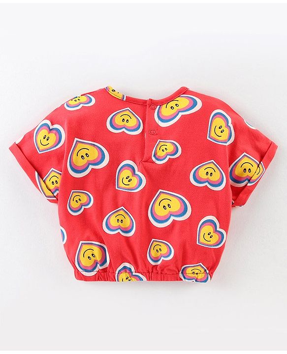 Babyhug Cotton Knit Drop Shoulder Sleeves Top & Denim Skirt Set With Hearts Print - Red & Blue