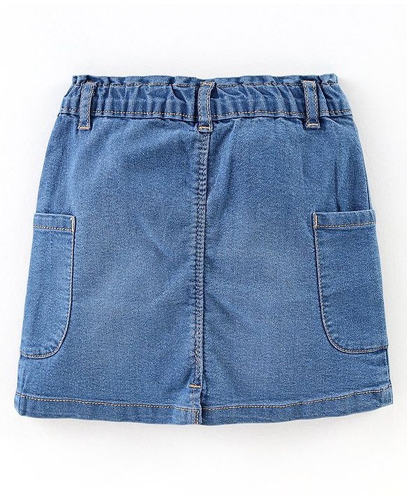 Babyhug Cotton Knit Drop Shoulder Sleeves Top & Denim Skirt Set With Hearts Print - Red & Blue