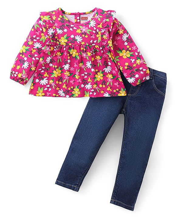 Babyhug Cotton Knit Full Sleeves Frill Detailed Top & Denim Pants Set With Floral Print - Multicolor