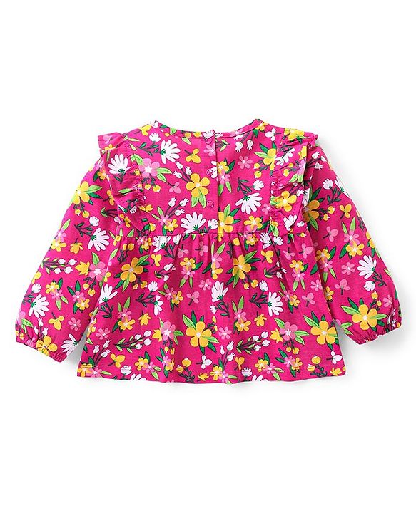 Babyhug Cotton Knit Full Sleeves Frill Detailed Top & Denim Pants Set With Floral Print - Multicolor