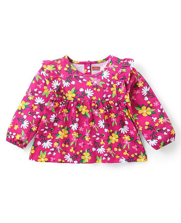 Babyhug Cotton Knit Full Sleeves Frill Detailed Top & Denim Pants Set With Floral Print - Multicolor