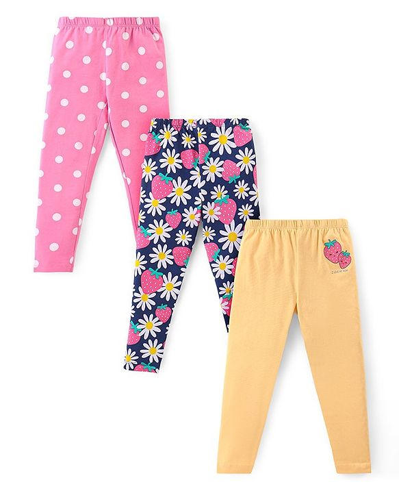 Babyhug Cotton Lycra Knit Full Length Leggings With Polka Dots & Floral Print Pack Of 3 - Multicolor