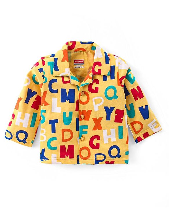 Babyhug Cotton Knit Full Sleeves Front Open Night Suit With Alphabets Print - Mustard