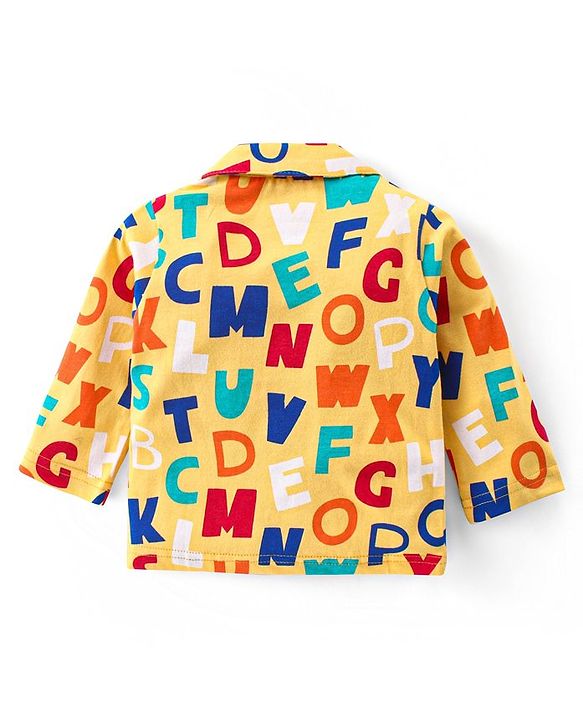 Babyhug Cotton Knit Full Sleeves Front Open Night Suit With Alphabets Print - Mustard