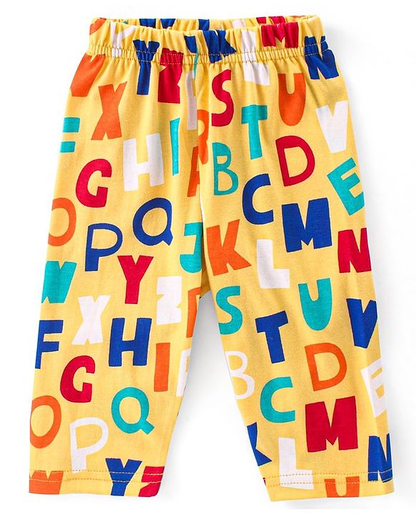 Babyhug Cotton Knit Full Sleeves Front Open Night Suit With Alphabets Print - Mustard