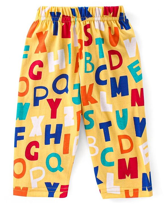 Babyhug Cotton Knit Full Sleeves Front Open Night Suit With Alphabets Print - Mustard