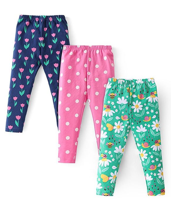 Babyhug Cotton Lycra Knit Full Length Stretchable Leggings with Polka Dots & Floral Print Pack of 3 - Multicolour