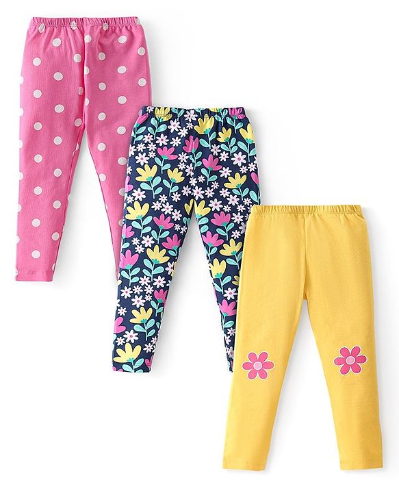 Babyhug Cotton Lycra Knit Full Length Stretchable Leggings with Floral & Polka Dots Print Pack of 3 - Multicolour