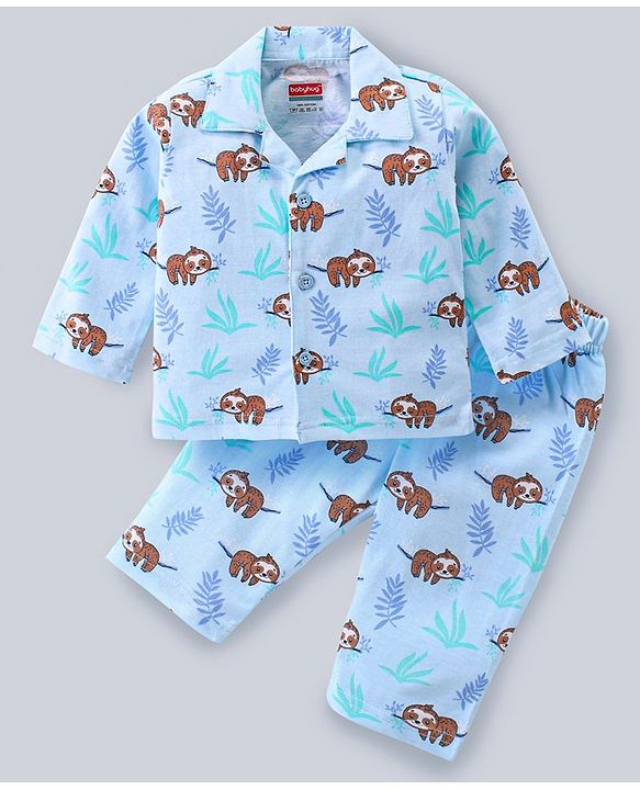 Babyhug Cotton Knit Full Sleeves Front Open Night Suit With Sloths Print - Light Blue