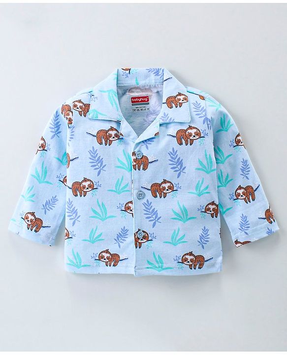 Babyhug Cotton Knit Full Sleeves Front Open Night Suit With Sloths Print - Light Blue
