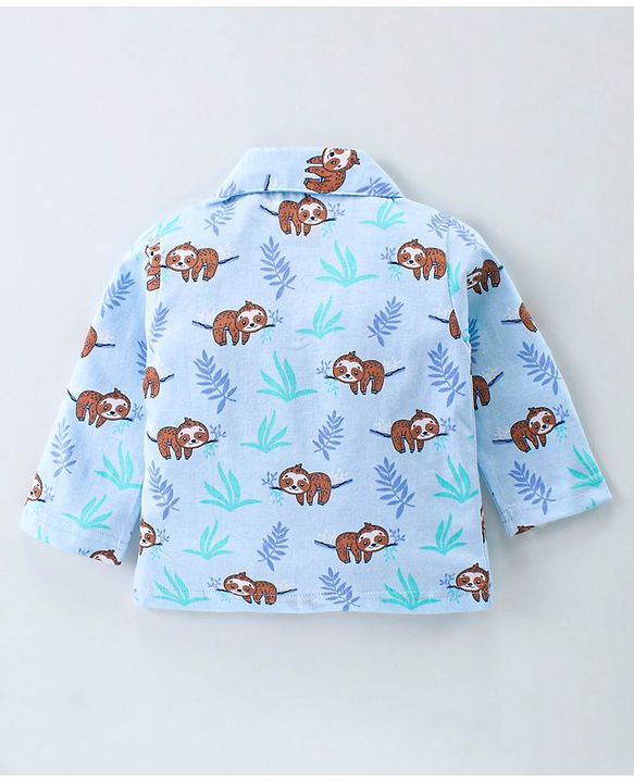 Babyhug Cotton Knit Full Sleeves Front Open Night Suit With Sloths Print - Light Blue