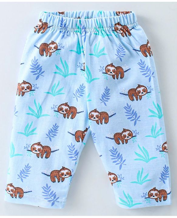 Babyhug Cotton Knit Full Sleeves Front Open Night Suit With Sloths Print - Light Blue