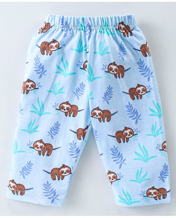 Babyhug Cotton Knit Full Sleeves Front Open Night Suit With Sloths Print - Light Blue