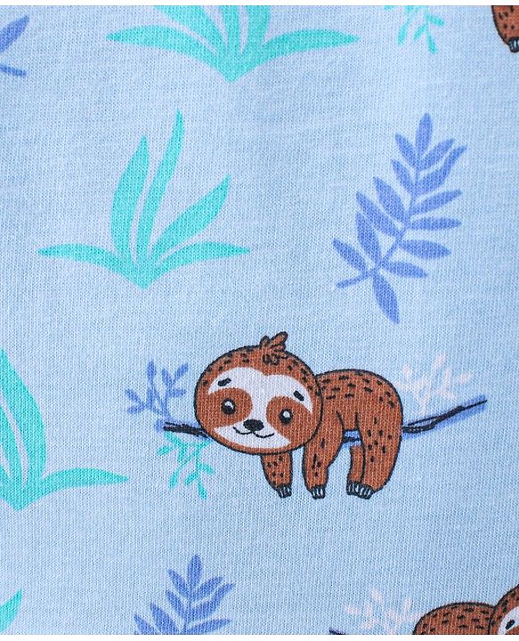 Babyhug Cotton Knit Full Sleeves Front Open Night Suit With Sloths Print - Light Blue