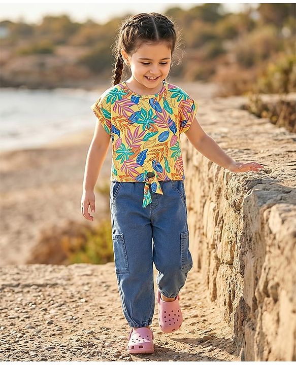 Babyhug Cotton Knit Half Sleeves Tropical Printed Top & Denim Jeans Set - Multicolor