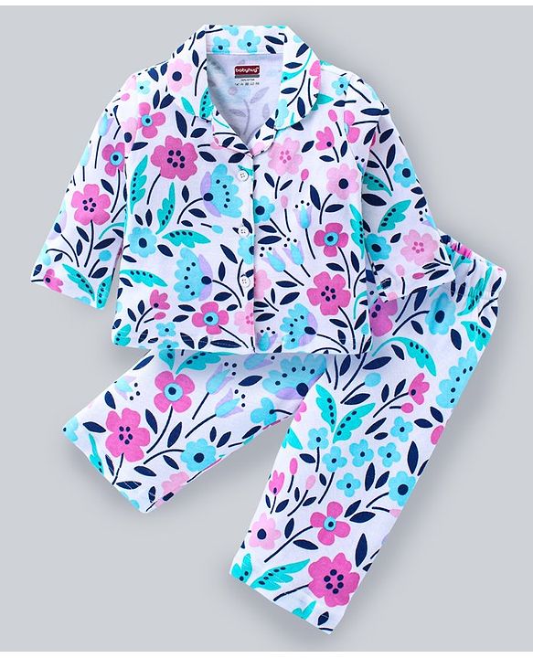 Babyhug Cotton Knit Full Sleeves Night Suit With Floral Print - White