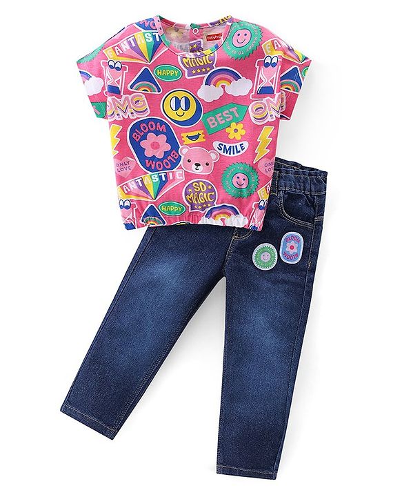 Babyhug Cotton Knit Half Sleeves Text Printed Top & Denim Jeans Set - Multicolor