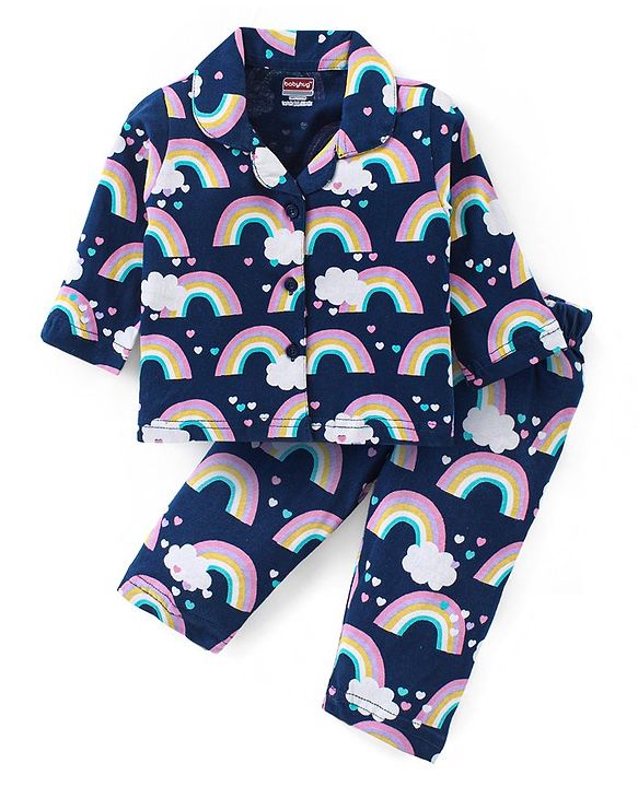 Babyhug Cotton Knit Full Sleeves Night Suit With Rainbow Print - Navy