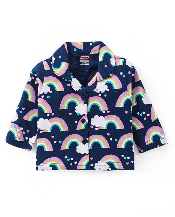 Babyhug Cotton Knit Full Sleeves Night Suit With Rainbow Print - Navy