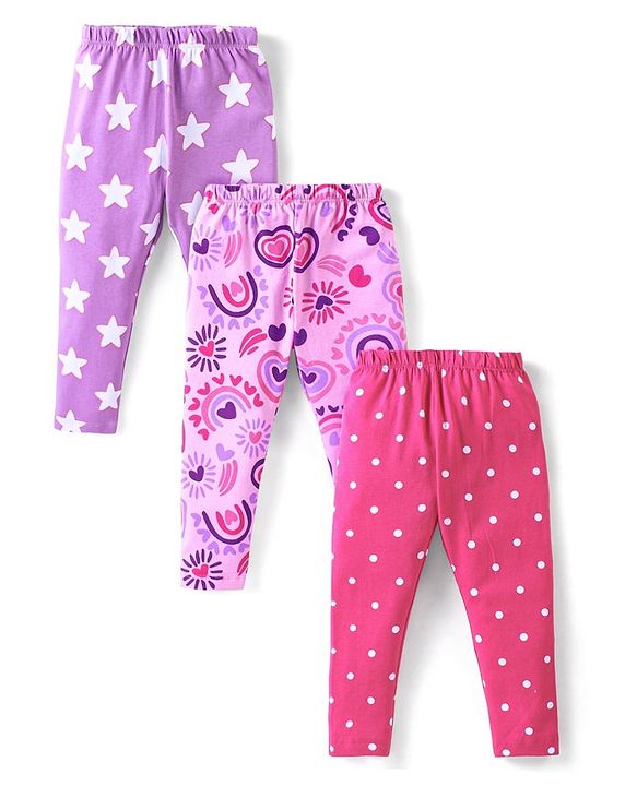 Babyhug Cotton Lycra Knit Full Length Star Hearts & Polka Dots Printed Leggings Pack of 3 - Purple Pink & Dark Pink
