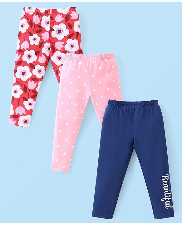Babyhug Cotton Lycra Full Length Leggings With Floral & Polka Dots  Print Pack Of 3 - Navy Blue Red  & Pink