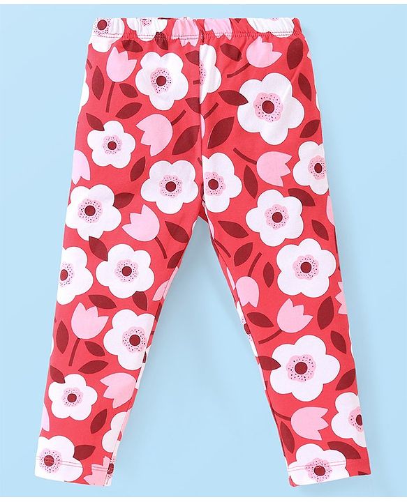 Babyhug Cotton Lycra Full Length Leggings With Floral & Polka Dots  Print Pack Of 3 - Navy Blue Red  & Pink