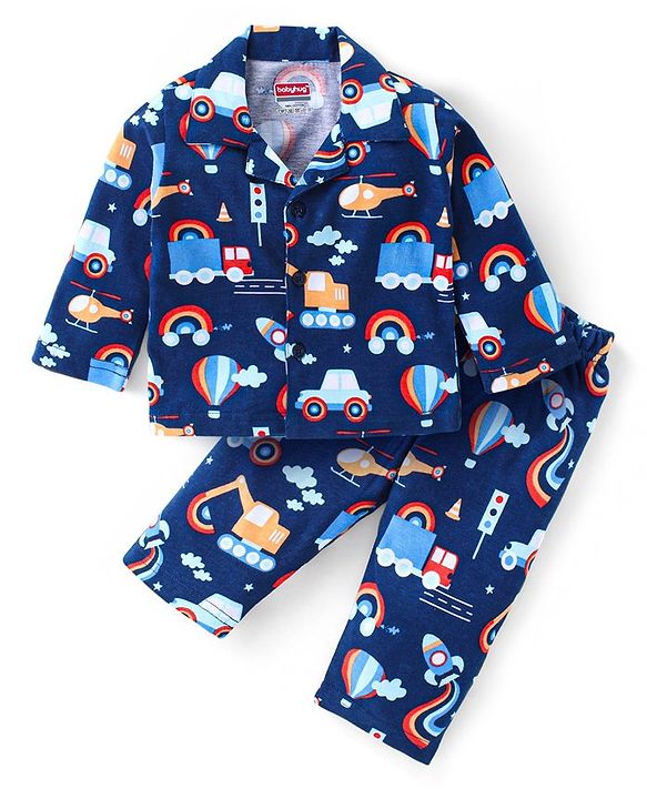 Babyhug Cotton Knit Full Sleeves Front Open Night Suit With Vehicles Print - Navy