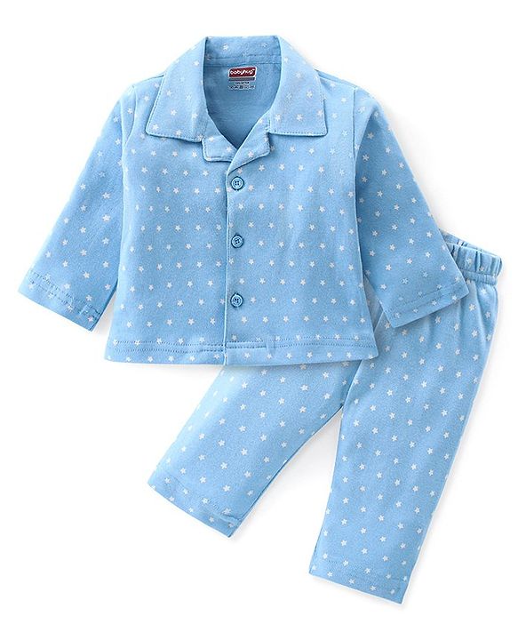Babyhug Cotton Knit Full Sleeves Night Suit With Stars Print - Blue