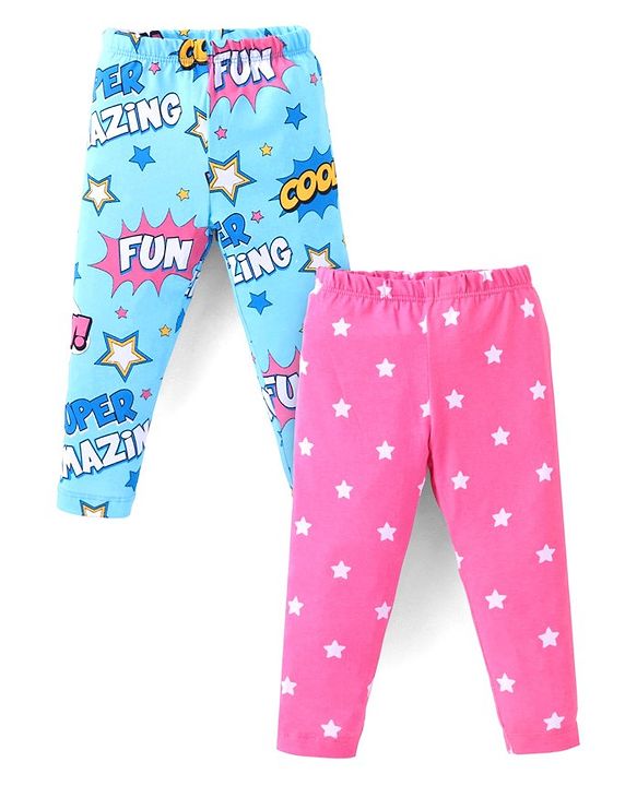 Babyhug Cotton Lycra Leggings With Stars & Text Print Pack Of 2 - Light Blue & Pink