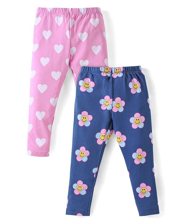 Babyhug Cotton Lycra Knit Full Length Leggings With Hearts & Floral Print Pack Of 2 - Pink & Navy