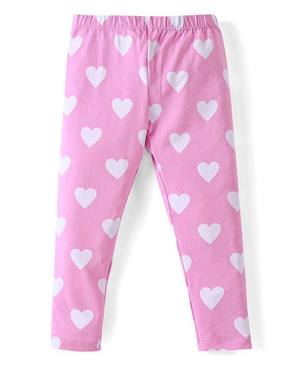 Babyhug Cotton Lycra Knit Full Length Leggings With Hearts & Floral Print Pack Of 2 - Pink & Navy