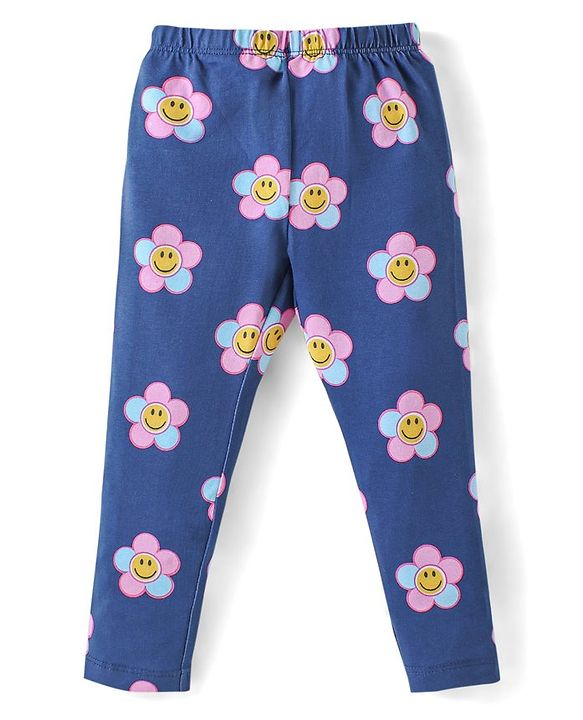 Babyhug Cotton Lycra Knit Full Length Leggings With Hearts & Floral Print Pack Of 2 - Pink & Navy