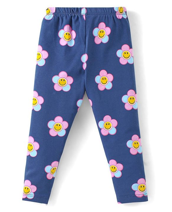 Babyhug Cotton Lycra Knit Full Length Leggings With Hearts & Floral Print Pack Of 2 - Pink & Navy