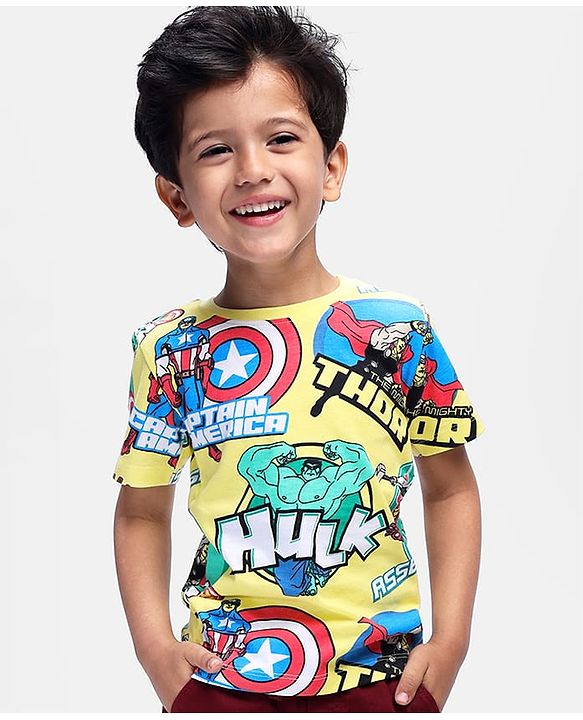 Babyhug Marvel Single Jersey Knit Half Sleeves T-Shirt with Avengers Print -Yellow