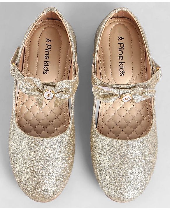Pine Kids Ballerinas With Velcro Closure & Bow Applique - Gold