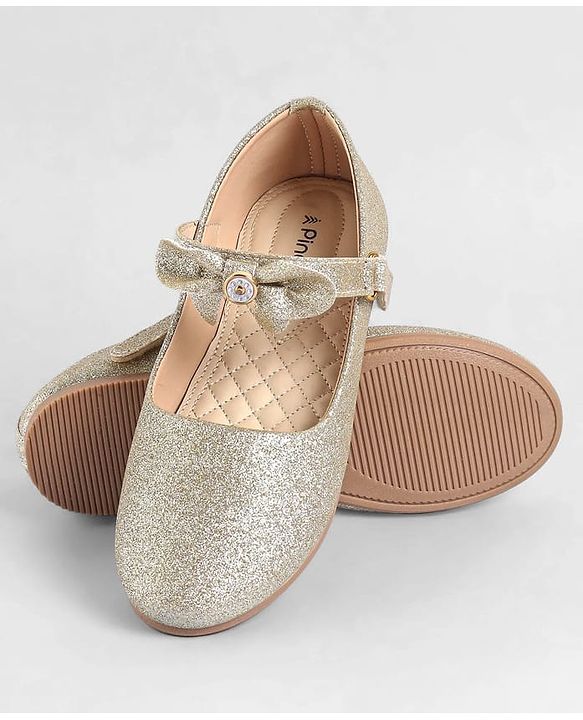 Pine Kids Ballerinas With Velcro Closure & Bow Applique - Gold