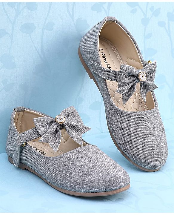 Pine Kids Ballerinas with Velcro Closure & Bow Applique - Silver