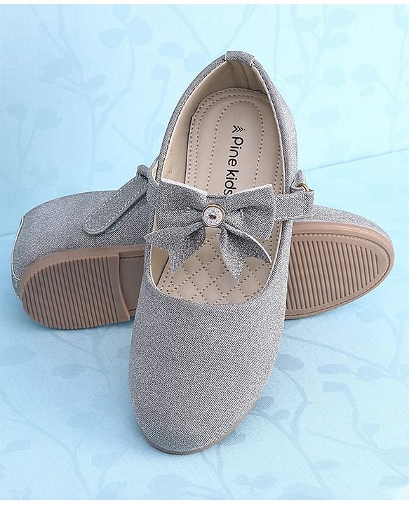 Pine Kids Ballerinas with Velcro Closure & Bow Applique - Silver