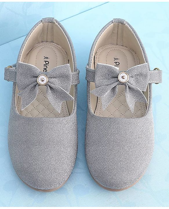 Pine Kids Ballerinas with Velcro Closure & Bow Applique - Silver