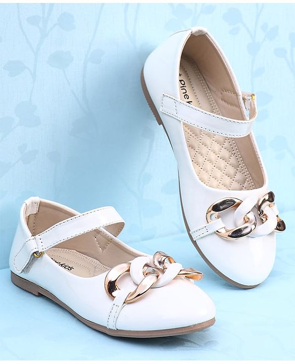 Pine Kids Ballerinas With Velcro Closure & Chain Applique - White