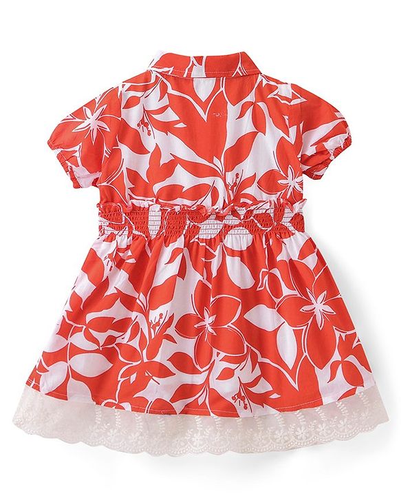 Babyhug Woven Half Sleeves Frock with Floral Print - Red & White