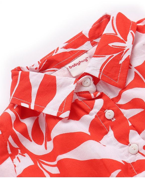 Babyhug Woven Half Sleeves Frock with Floral Print - Red & White